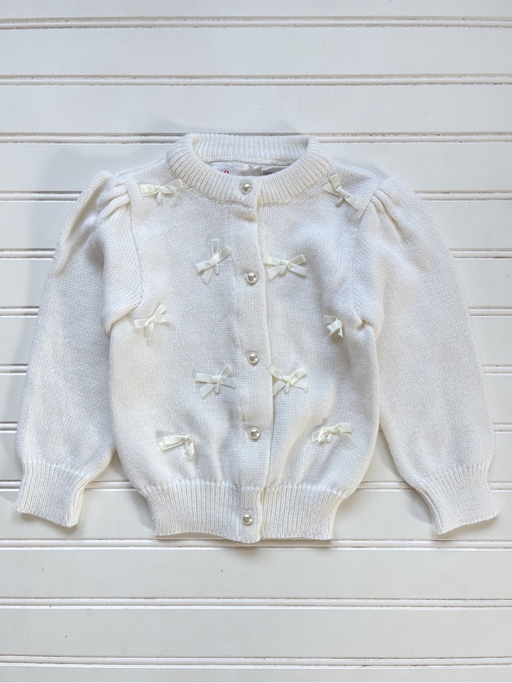 VINTAGE EUC Girls Ivory Coquette Bows & Pearl Buttons Heirloom Cardigan Sweater